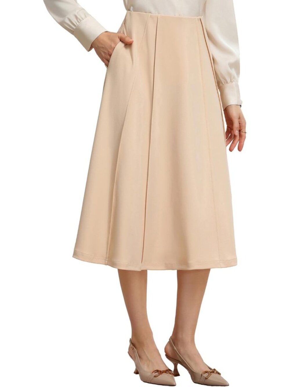 Women's Beige Panel-pleated High-waisted Deep Side Pockets A Line Flowy Skirt